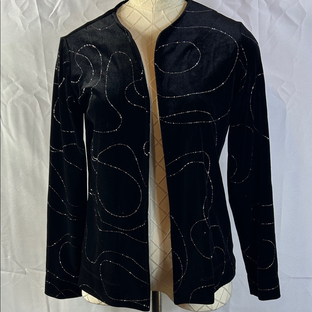 Chico's Black Velvet Jacket with Silver Detailing Size 0 is Small Like New